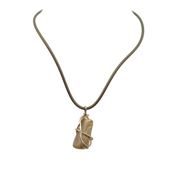 Petrified Wood Pendant Necklace with Wire Wrap and 925 Clasp on Silicone Cord - Picture 1 of 4